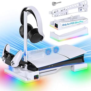 RGB Horizontal Cooling Station Stand for PS5 Slim /Pro Console with 2 Controller Charger, Auto Silent Cooling Fan for Playstation 5 Slim /Pro Disc & Digital with 14 Light Modes and Headset Holder