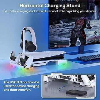 RGB Horizontal Cooling Station Stand for PS5 Slim /Pro Console with 2 Controller Charger, Auto Silent Cooling Fan for Playstation 5 Slim /Pro Disc & Digital with 14 Light Modes and Headset Holder - Image 2