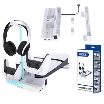 RGB Horizontal Cooling Station Stand for PS5 Slim /Pro Console with 2 Controller Charger, Auto Silent Cooling Fan for Playstation 5 Slim /Pro Disc & Digital with 14 Light Modes and Headset Holder - Image 3